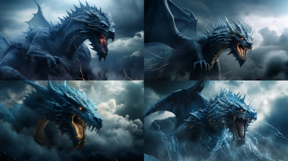 蛟龙在电闪雷鸣乌云中腾空，三分法构图，暗蓝色调，超广镜头，顶光，闪电特效，推进上升动作流畅，电影质感超写实。