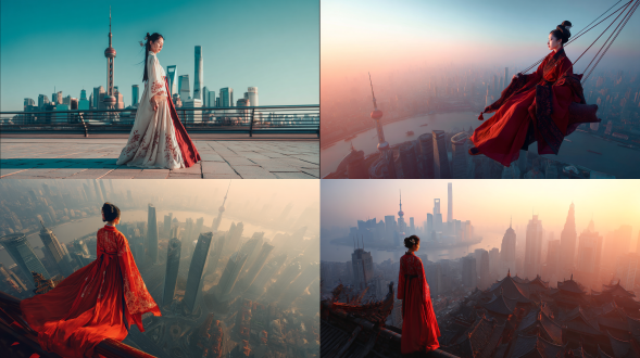 古风汉服美女穿越至2500年上海飞于都市上空，对角线构图，高饱和色彩，超广角镜头，逆光，梦幻反差，飘逸感。