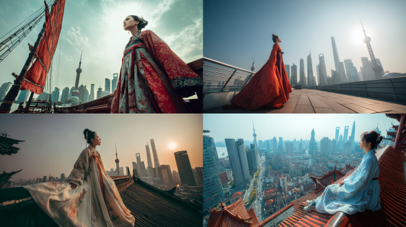 古风汉服美女穿越至2500年上海飞于都市上空，对角线构图，高饱和色，超广角镜头，逆光，梦幻氛围，飘逸，反差感。