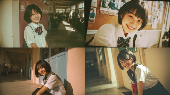 可爱日本高中女生，穿校服黑短发，学校里微笑摆姿势，三分构图，宝丽来滤镜，自然光，暖色调，青春活泼。