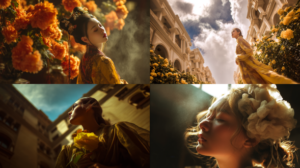 美人似花，云作衣裳，对角线构图，宫殿庭院，长焦镜头，逆光，暖黄调，微风拂面，优雅，惊艳。