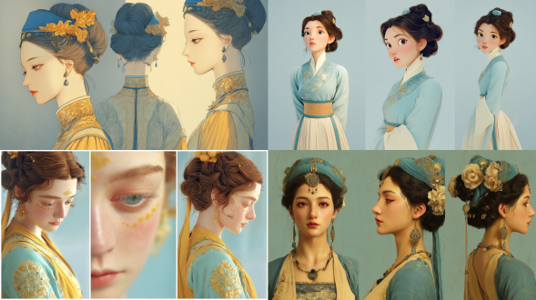 美女眉眼如画，三分侧颜构图，特写镜头，柔光，古风服饰，温婉神情，淡蓝暖黄配色，优雅气质。