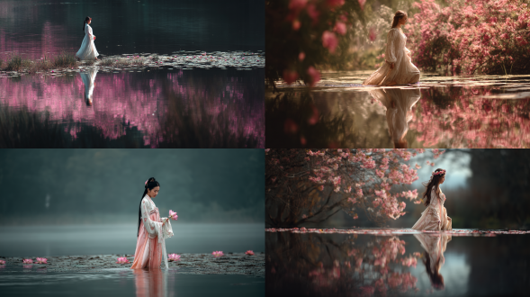 女子娴静柔美似花照水、弱柳扶风，三分构图，古风环境，长焦镜头，逆光，慢快门，踱步，温婉，粉白调，优雅。