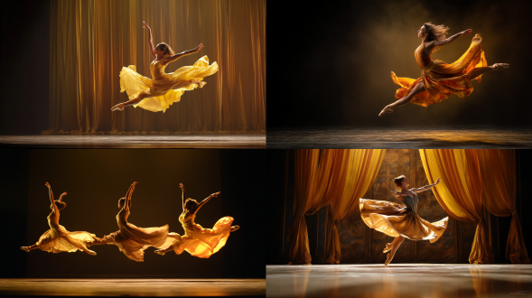 舞台舞者轻盈跃起裙摆飘如蝶，三分构图，剧院舞台，长焦镜头，顶光，暖黄调，灵动，优雅，活力。