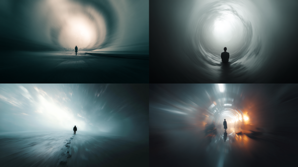 孤独者置身模糊遥远宇宙，中心构图，科幻风，冷色调，鱼眼镜头，逆光，静止，星际元素，孤寂感。