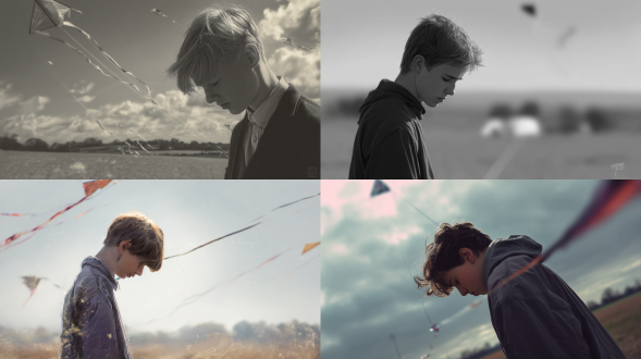 少年愧疚低头，远处风筝，对角线构图，郊外，冷色调，长焦镜头，逆光，静态，风筝元素，悔恨，写实风格。