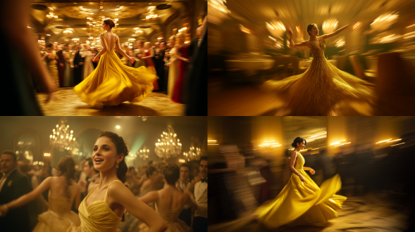 马蒂尔德陶醉跳舞，居中构图，舞会环境，暖黄灯光，长焦镜头，模糊背景，动态模糊，华丽晚装，兴奋神情，热烈氛围。