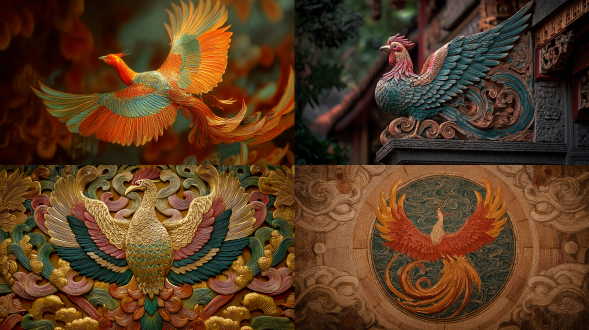 五彩凤凰如鸡，首德翼义背礼膺仁腹信，居中构图，梦幻环境，长焦镜头，逆光，暖彩色调，祥瑞氛围。