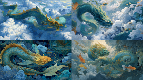 青龙，长蛇身麒麟首鲤鱼尾五爪，盘旋云端，三分构图，奇幻风格，全景镜头，顶光，动态，蓝绿金配色，威严震撼。