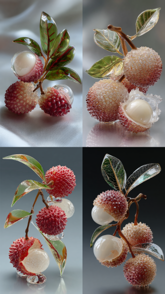 荔枝，玻璃材质，晶莹剔透，一共三颗荔枝带叶子，其中一颗剥了一半的壳，露出的荔枝果肉也是白色透明玻璃材质