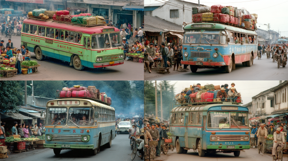 80年代城乡客运大巴，破旧，客运大巴上面还放着红蓝行李袋，车牌绿色，车牌号码是1987大巴上写着“阳西-溪头”具有年代感，车辆行驶在城镇中，车上坐满了人，窗户打开，有人在吸烟，烟雾飘出车窗，有人在说笑，人物都是80年代的穿着，车的旁边是摆摊的小商贩，有卖菜的，有卖鱼的，还有卖水果的，路上行人在走，也有骑着二八杠自行车的，整体是小镇赶集的氛围，人们有说有笑，热闹