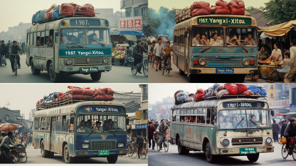 80年代城乡客运大巴，破旧，客运大巴上面还放着红蓝行李袋，车牌绿色，车牌号码是1987大巴上写着“阳西-溪头”具有年代感，车辆行驶在城镇中，车上坐满了人，窗户打开，有人在吸烟，烟雾飘出车窗，有人在说笑，人物都是80年代的穿着，车的旁边是摆摊的小商贩，有卖菜的，有卖鱼的，还有卖水果的，路上行人在走，也有骑着二八杠自行车的，整体是小镇赶集的氛围，人们有说有笑，热闹