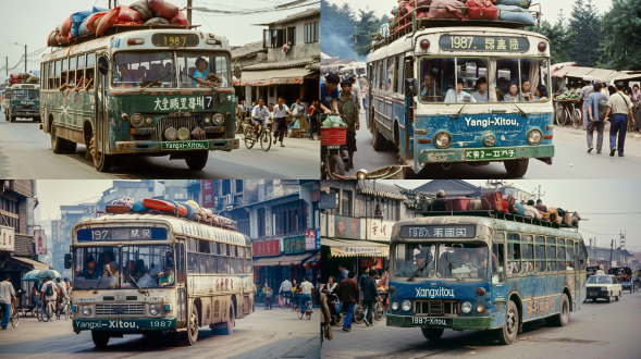 80年代城乡客运大巴，破旧，客运大巴上面还放着红蓝行李袋，车牌绿色，车牌号码是1987大巴上写着“阳西-溪头”具有年代感，车辆行驶在城镇中，车上坐满了人，窗户打开，有人在吸烟，烟雾飘出车窗，有人在说笑，人物都是80年代的穿着，车的旁边是摆摊的小商贩，有卖菜的，有卖鱼的，还有卖水果的，路上行人在走，也有骑着二八杠自行车的，整体是小镇赶集的氛围，人们有说有笑，热闹