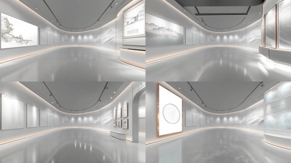 **modern chinese exhibition hall wall design**, white background with light gray decorative panels, (left wall: **xinjiang uygur autonomous region map** with minimalist line art style, metallic border), (central wall: **vintage historical posters** framed in brushed metal, soft backlighting), (photo wall: **niya ruins restoration mural** texture + **twelve muqam instruments display** with floating acrylic shelves), (central area: **multi-regional cultural products arrangement** on geometric podium, integrated led ambient lighting), (right wall: **high-tech interactive display panels** with holographic projections, 3d rendered cultural relics rotating at 45-degree angle, 8k ultra-hd resolution textures),