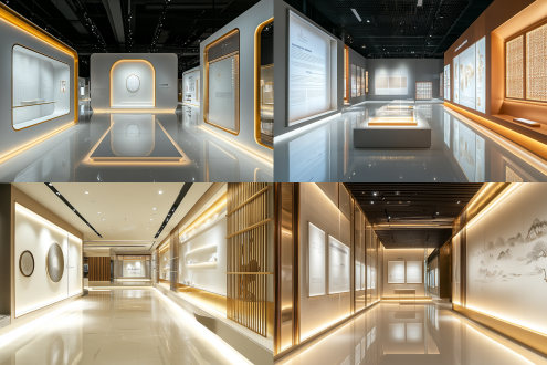 现代中国展览墙设计，左右对称布局，博物馆级色彩校准，白色哑光背景，暖光，金属、玻璃元素，科技感，文化展示氛围。