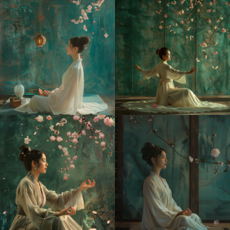 唐代汉服女子做瑜伽，发簪灵动，粉色牡丹枝悬浮，木质感青绿色墙，超写实丝绸物理，8k 电影光，三分构图，暖光，飘逸，梦幻。