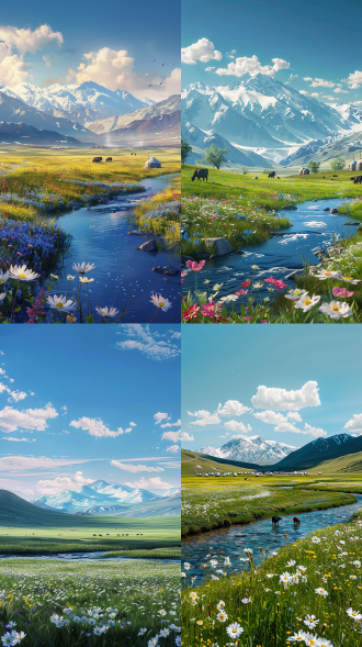 中国春天草原，天空与地面各半构图，蓝天低云，河流花丛，雪山蒙古包，牛群吃草，超广角，侧逆光，暖色调，浪漫氛围，超真实高清。