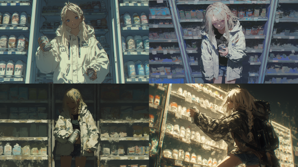 金发东方面孔麻花辫少女，白雨衣牛仔短裤，室内废超市取罐头，中心构图，暗调，废土风，日式动漫插画风格。