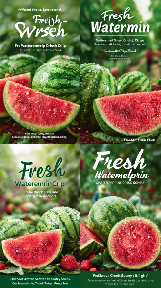 一张充满活力和诱人的西瓜海报。带水珠，西瓜看起来新鲜多汁，两个西瓜，一个西瓜是切开的，光泽的外观表明它们刚刚采摘。背景是模糊西瓜园和工人，增强了西瓜的新鲜感。海报包括主标题“新鲜麒麟西瓜 脆甜薄皮无籽”和副标题“一口香、甜、脆”标签标题“当天现摘 新鲜看得见”创意文案居中对齐排版