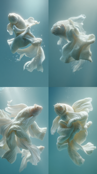 prompt:fish schools are made from various garbage materials such as cans and plastic bags, float on the sea, plastic material, a gradient background of white and green, dispersion point, a photorealistic close-up of a single high-end white wool sweater, elegantly unfurled and floating mid-air, gently rotating to reveal its luxurious, fluffy, and glossy surface with a subtly pronounced knit texture. the sweater radiates refined elegance, tactile warmth, and a comforting sense of cleanliness and safety, emitting a soft, warm glow that enhances its inviting appeal. set against a minimalist blue gradient background with delicate halo effects, it is illuminated by soft, natural side lighting that accentuates the sweater’s contours, rich texture, and pristine sheen. the ultra-crisp imagery, in a high-end commercial photography style, delivers a fresh, modern aesthetic in high resolution.