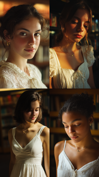一个穿白色裙子的女孩的人像特写照片，18岁，感觉很平静，在图书馆里，灯光很柔和，暖色调