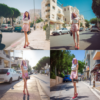 一位苗条的白皮肤女孩，精致的脸，留着波浪卷紫色长发，穿着带有“以色列”字样的白色露脐装和粉色短裤，自信地站在阳光明媚街道上。她手里拿着一个黑色手拿包，穿着红色高跟鞋。