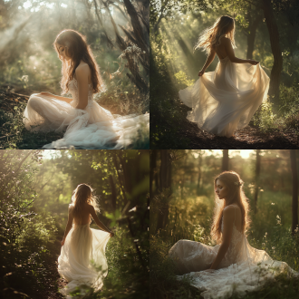梦幻风自然写真，色调柔和，背景为森林或花园，模特穿着轻盈飘逸的服装，光线使用逆光或散射光，营造出梦幻般的氛围