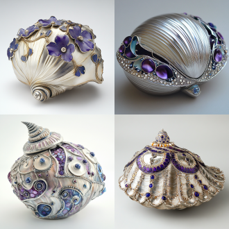 镶嵌着紫色和蓝色装饰的银色贝壳