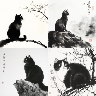 一只猫，水墨画