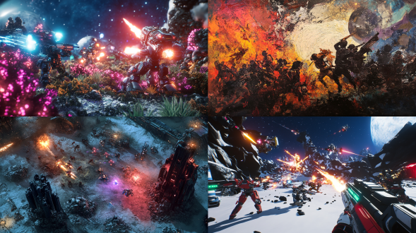 星际三族超维度战场多兵种混战，立体布局，太空场景，超广角，顶光，高饱和色彩，动态模糊，激烈震撼。