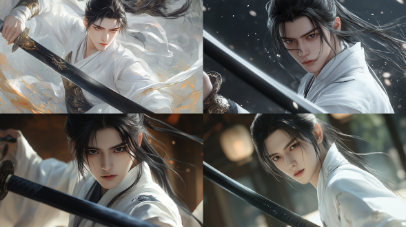 白衣黑发持黑剑男子半身像，对角线构图，淡雅色调，古风场景，长焦镜头，侧光，凝视挥舞，精致五官，中国古艺风，高细节4k，比例4