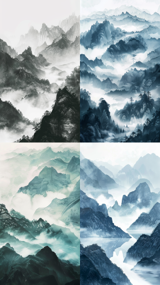 山水画，国风水墨风，三分法构图，山峦云雾，留白意境，冷色调，长焦镜头，柔和顶光，2k画质，宁静悠远。