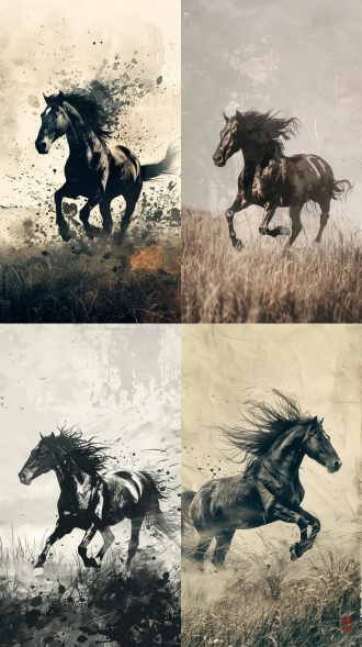 骏马在草原奔跑，磅礴气势，徐飞鸿风格水墨画，三分法布局，2k画质，冷色调，长焦镜头，逆光，动态模糊，奔放。