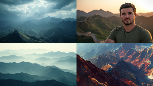 万里长城，徐飞鸿风格，三分法构图，山峦万紫千红，磅礴气势，2k画质，长焦镜头，逆光，远景，大气豪迈。