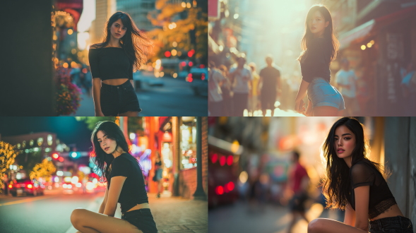 女孩精致五官、飘逸黑发，着紧身短牛仔裤显大长腿，三分构图，户外街道，暖光，长焦，特写，时尚，青春活力。