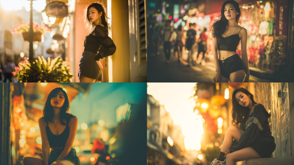 女孩精致五官、飘逸黑发，着紧身短牛仔裤显大长腿，三分构图，户外街道，暖光，长焦，特写，时尚，青春活力。