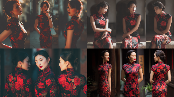 旗袍女孩，三分构图，复古风格，庭院中，长焦镜头，逆光，优雅站姿，东方韵味，红黑配色，温婉。