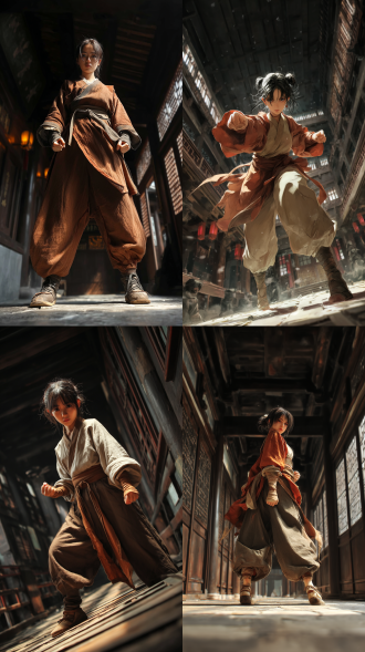 宫廷中破烂衣衫少女攥拳站立，对角线构图，古代中国风，广角俯视，侧光，暗调棕黄，快速快门，紧张感，2k分辨率。
