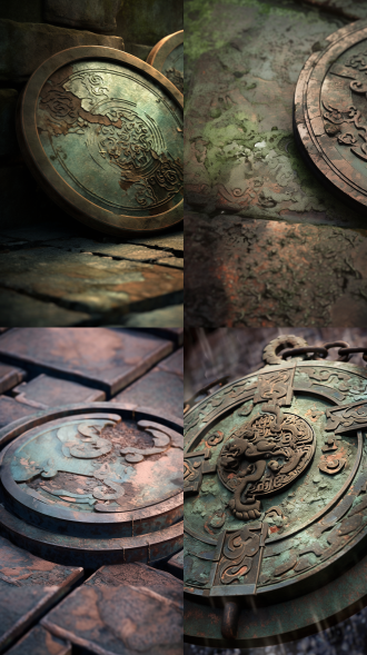 宫廷青砖地破旧铜镜特写，三分法构图，中国风，暗调棕黄，微距镜头，逆光，超细节，古朴氛围。