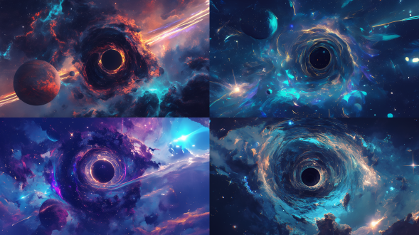 ultra-detailed 8k cosmic wallpaper, hyperrealistic starscape with colliding galaxies, vibrant nebula clouds in electric pink and gold hues. a massive swirling black hole warping spacetime at the center, surrounded by supernova explosions casting prismatic light. dense star fields with crystalline clarity, meteor shower trails in cyan blaze, distant planets with visible ring systems. celestial phenomenon auroras in emerald green flowing through the composition. octane render, unreal engine, cinematic lighting with ray tracing, extreme depth of field, hdr10+ color spectrum, intricate fractal patterns in cosmic dust. trending on artstation, nasa photography realism meets surreal digital art, mind-bending astronomical perspective.