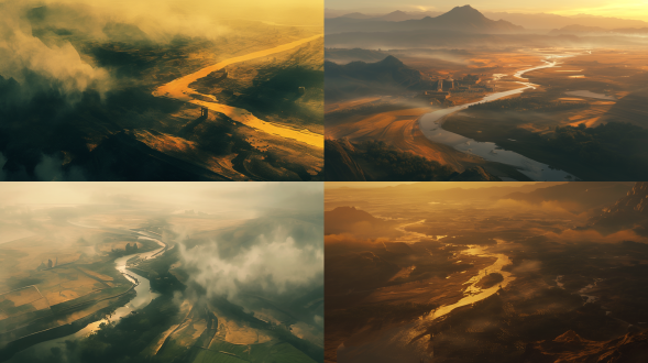 aerial view of yellow river winding through golden loess plateau, ancient bronze fragments and painted pottery on riverbank, erlitou ruins silhouette in misty horizon, morning fog, ultra-detailed terrain texture, cinematic lighting