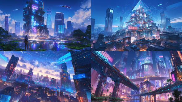 night view of zhengdong cbd modern buildings, glass facades reflecting 3d light show of ancient city gate, water puddle reflections mix oracle bone scripts with digital blockchain streams, cyberpunk elements, neon glow
