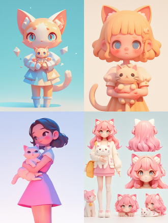 [orthographic front/side/back view] of a 3d cartoon character holding a kitten, simple low-poly style, clean line art with solid color blocks, pastel color palette, symmetrical features, clear edge definition, minimal details, white background