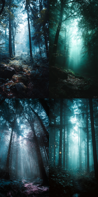 梦幻美景，三分法构图，奇幻森林，冷色调，超广角镜头，逆光，光斑，缥缈雾气，宁静，神秘。