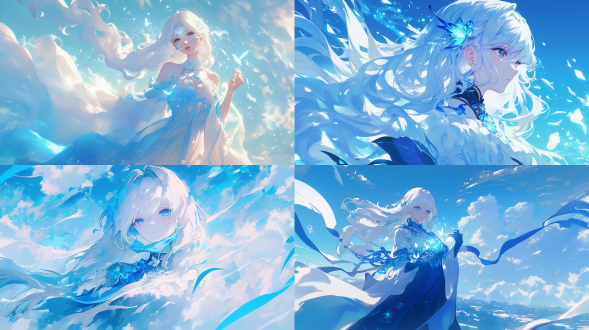 梦幻风格美女，长白发蓝眼罩，白蓝裙丝带飘，天空浮岛云雾背景，发光符号粒子，三分构图，柔光，梦幻氛围，浅色调。