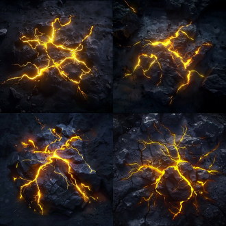 生成一张暗黑风格的背景图，画面主体是类似岩石的深色背景，其上有着金黄色、如闪电般蜿蜒且带有能量感的裂纹纹理，裂纹从中心向四周发散，营造出一种神秘且充满力量的氛围，闪电特效、能量爆发特效、科幻背景、暗黑风格特效、火焰闪电效果