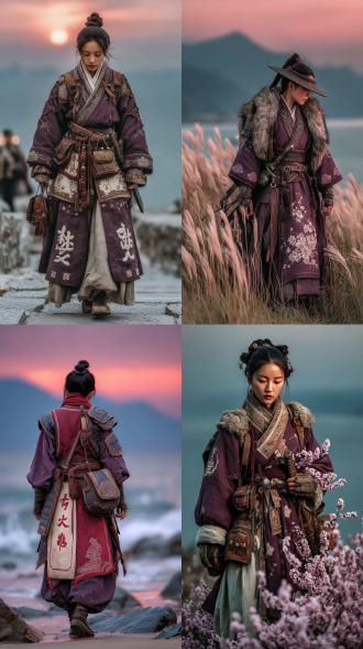 请提供具体的主题内容，以便我按照要求生成midjourney ai图像生成器提示。 虚幻引擎 黄昏 汉服 古剑 山海经