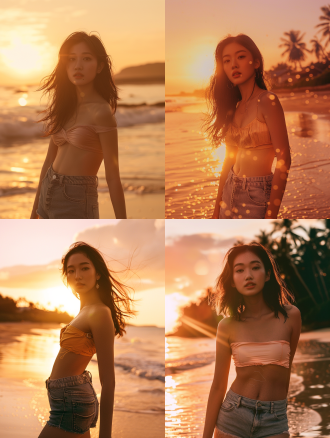一位25岁亚洲女性全身正面照 精致鹅蛋脸型搭配杏仁眼 自然妆突显肌肤 西方比例身材展现健康曲线 饱满上身与纤细腰线自然衔接 修长腿部线条流畅 身着露肩短款上衣 轻柔面料呈现半透明质感 搭配高腰牛仔热裤展露身体曲线 背景为热带海滩日落时分 金色夕阳从人物背后投射 海面泛着橙紫色渐变光斑 逆光效果勾勒出身体轮廓光 发丝边缘泛起琥珀色光晕 暖调高光在皮肤表面自然过渡 双脚踩在湿润沙滩上 浅浪在脚边形成柔和的动态模糊 整体采用莫兰迪暖橘色调 空气中有细微光尘弥漫 远处椰树剪影强化景深层次 画面充满慵懒的度假氛围