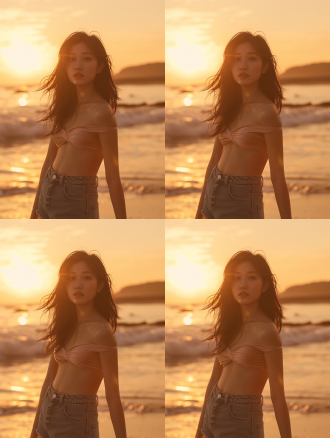 一位25岁亚洲女性全身正面照 精致鹅蛋脸型搭配杏仁眼 自然妆突显肌肤 西方比例身材展现健康曲线 饱满上身与纤细腰线自然衔接 修长腿部线条流畅 身着露肩短款上衣 轻柔面料呈现半透明质感 搭配高腰牛仔热裤展露身体曲线 背景为热带海滩日落时分 金色夕阳从人物背后投射 海面泛着橙紫色渐变光斑 逆光效果勾勒出身体轮廓光 发丝边缘泛起琥珀色光晕 暖调高光在皮肤表面自然过渡 双脚踩在湿润沙滩上 浅浪在脚边形成柔和的动态模糊 整体采用莫兰迪暖橘色调 空气中有细微光尘弥漫 远处椰树剪影强化景深层次 画面充满慵懒的度假氛围