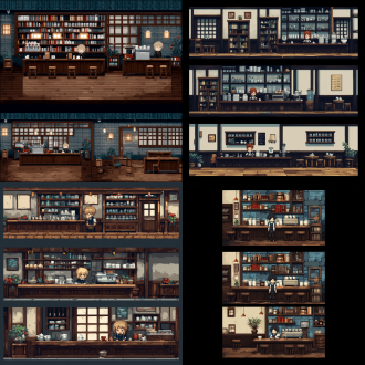 咖啡店三景照，远景书架设施，中景主角调制咖啡，近景木地板，三分构图，暖光，写实风，中长焦镜头。